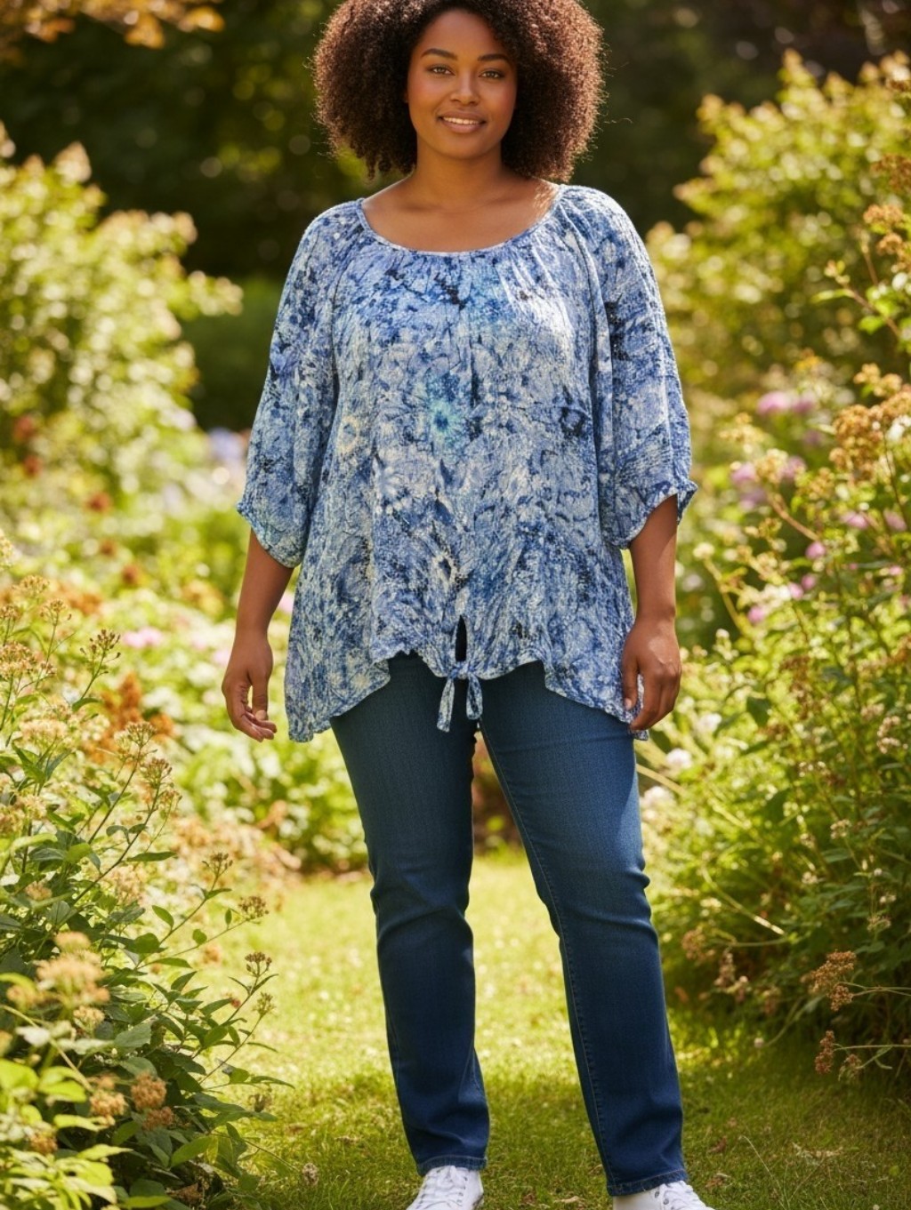 Jm Collection Blue Multi-Print Peasant Blouse